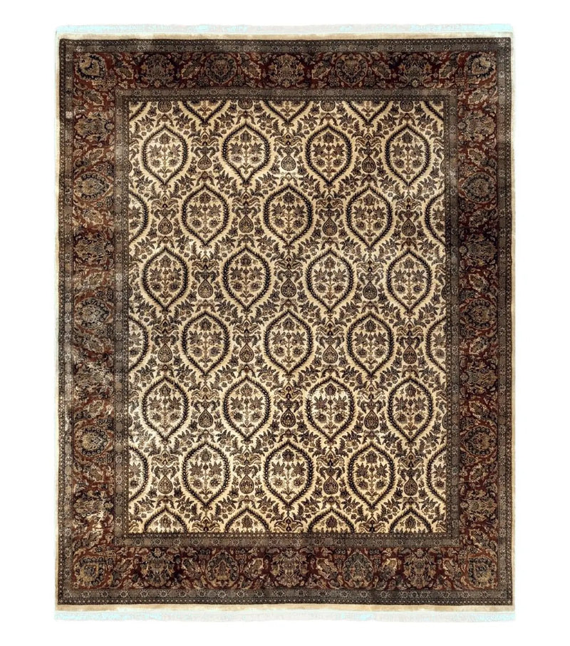 Vintage Indo Persian Area Rug 9x12, Wool Hand-Knotted Ivory & Dark Red Oriental Carpet, Fine Weave 9 x 12 Indian Rug, Dining Room Rug by Jewel Rugs