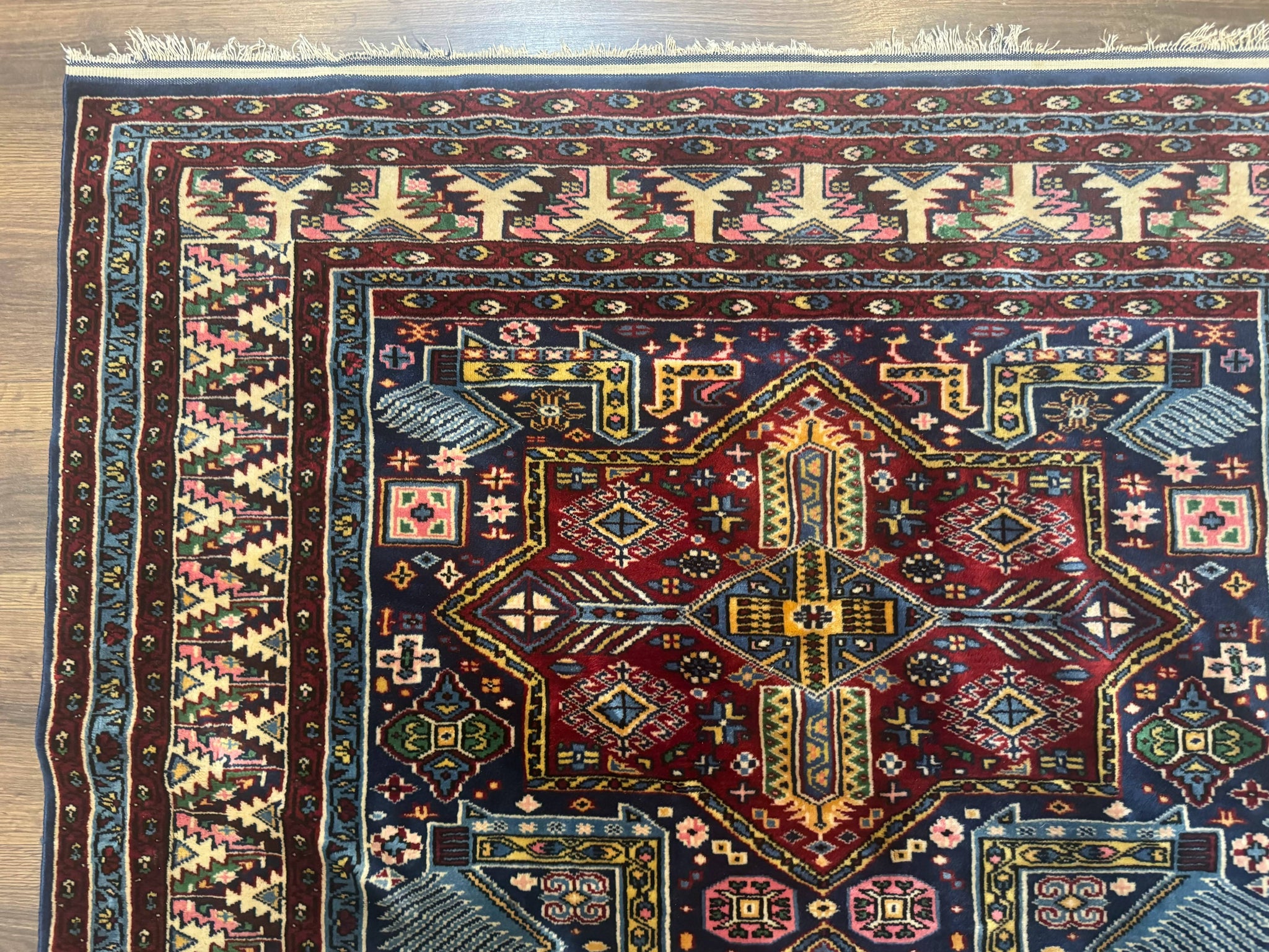 Indian Rug with Caucasian Design, 4x6 Geometric Carpet, Navy Blue and Cream by Jewel Rugs