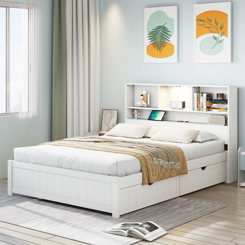 Platform Bed With Bookcase Headboard, Built-In Downlight, Charging Station, And 2 Side Drawers by Unique Piece Furniture