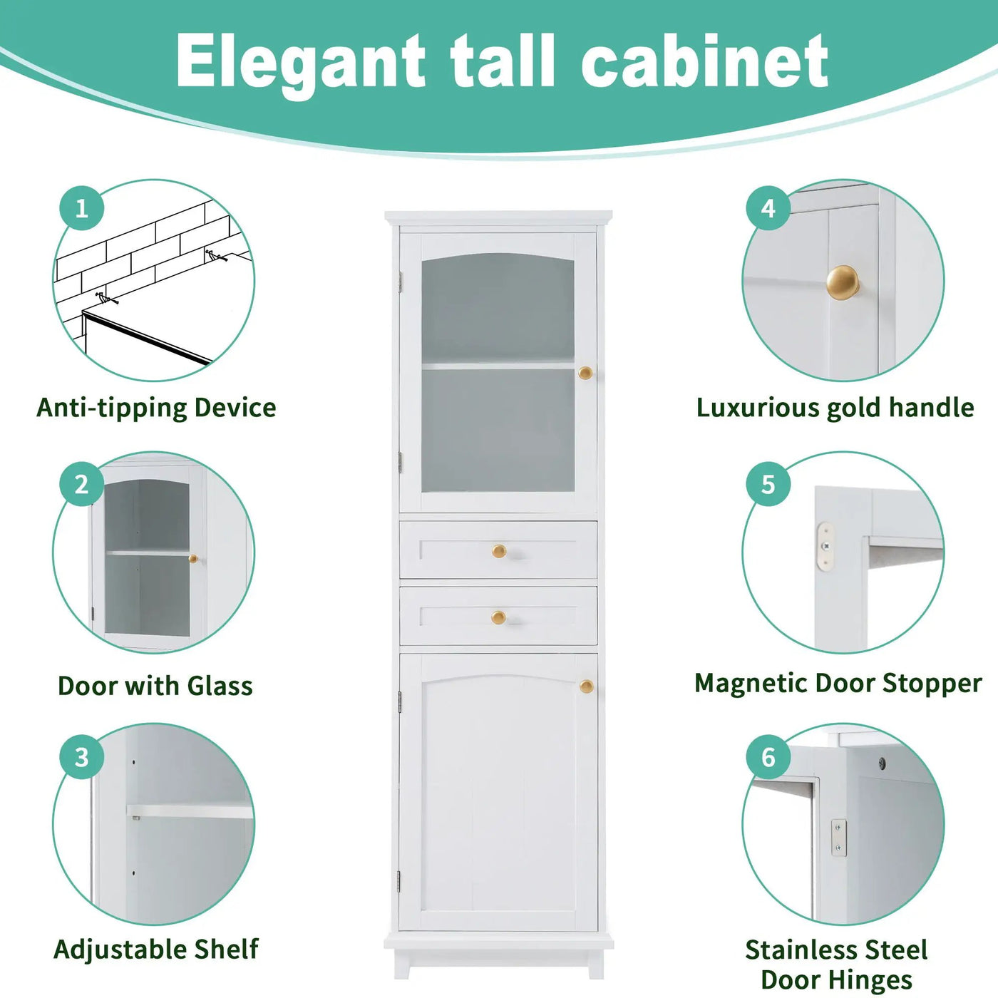 Tall Bathroom Storage Cabinet With Glass Doors, Free-Standing, Two Drawers, And Adjustable Shelves, Board, Painted Perfect For Displaying Your Favorite Items by Unique Piece Furniture