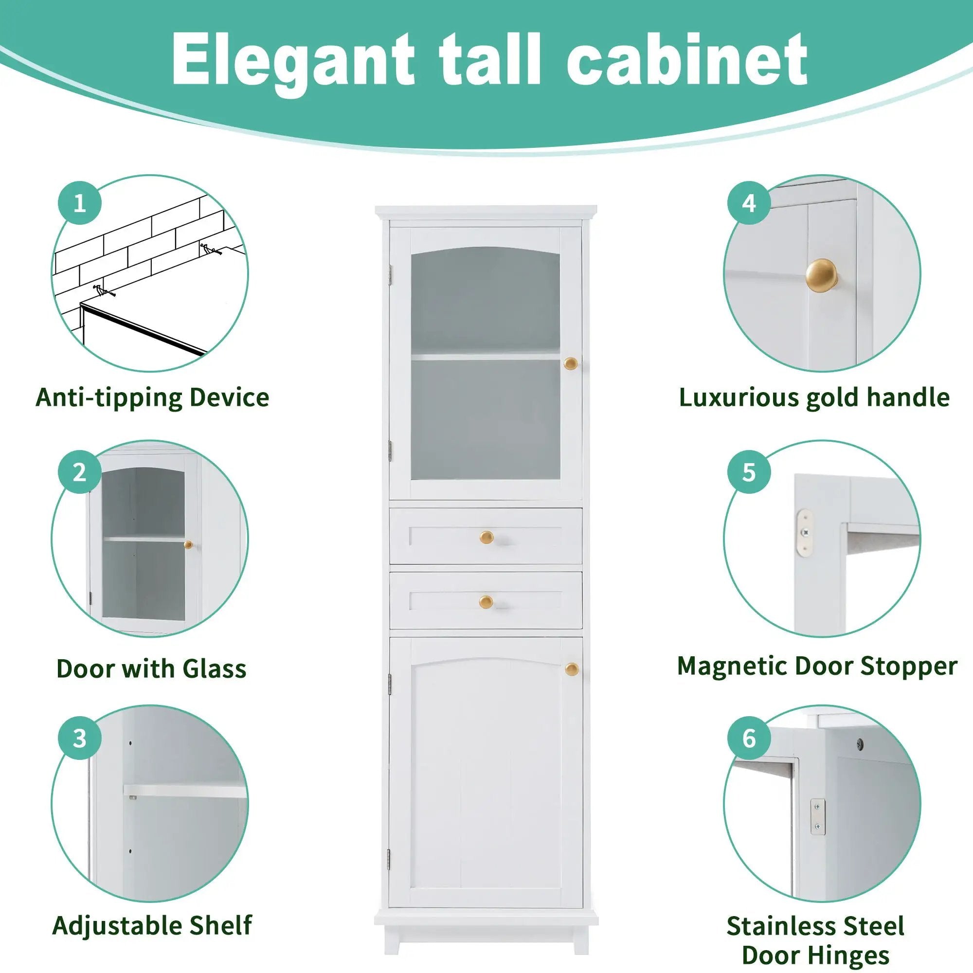 Tall Bathroom Storage Cabinet With Glass Doors, Free-Standing, Two Drawers, And Adjustable Shelves, Board, Painted Perfect For Displaying Your Favorite Items by Unique Piece Furniture