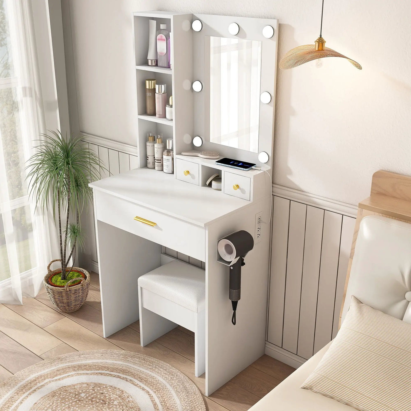 Vanity Table With Mirror, Adjustable LED Lights, Power Outlet, Hairdryer Holder & Stool by HouseOfZazla