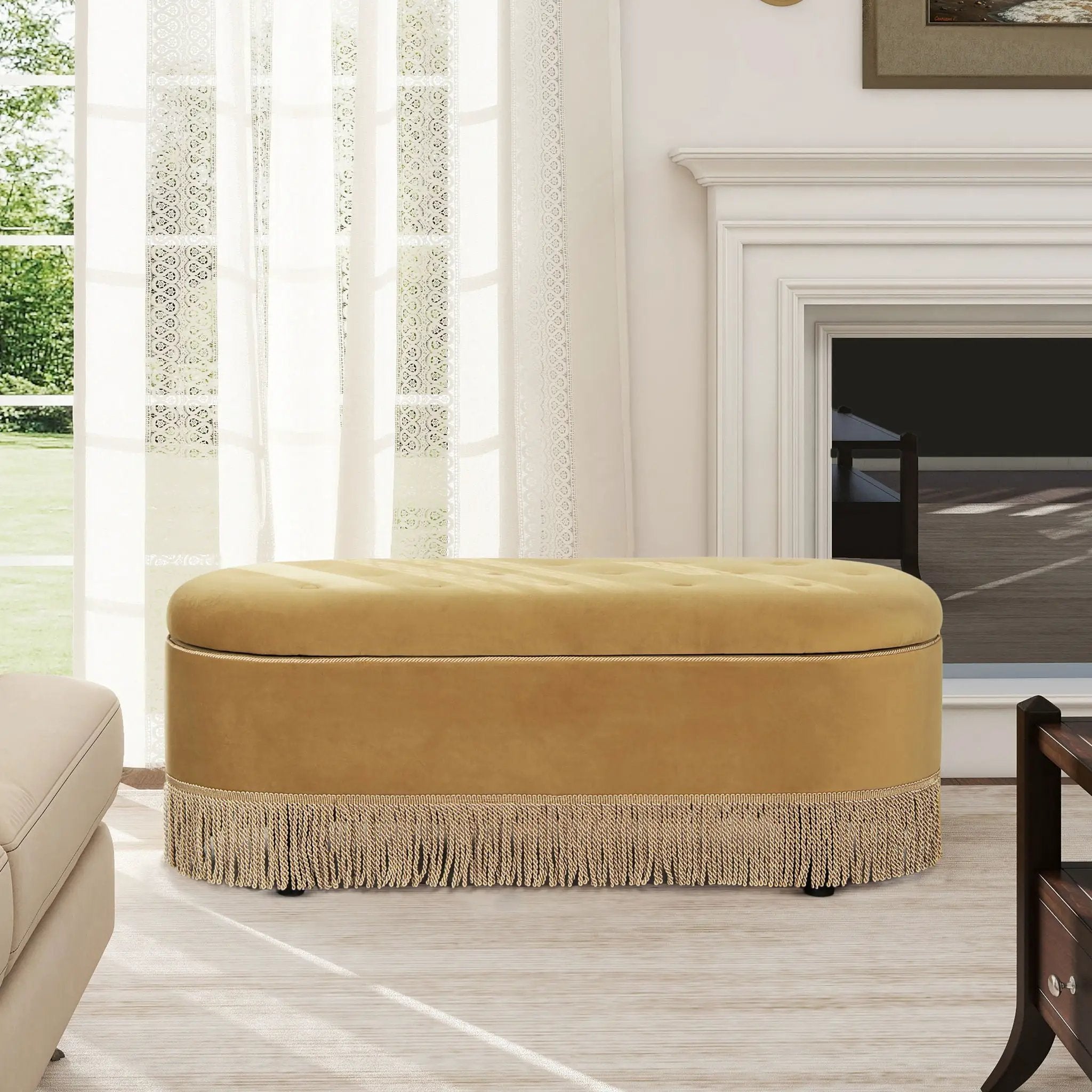 Melinda - Oval Tufted Bullion Fringe Storage Bench by Unique Piece Furniture