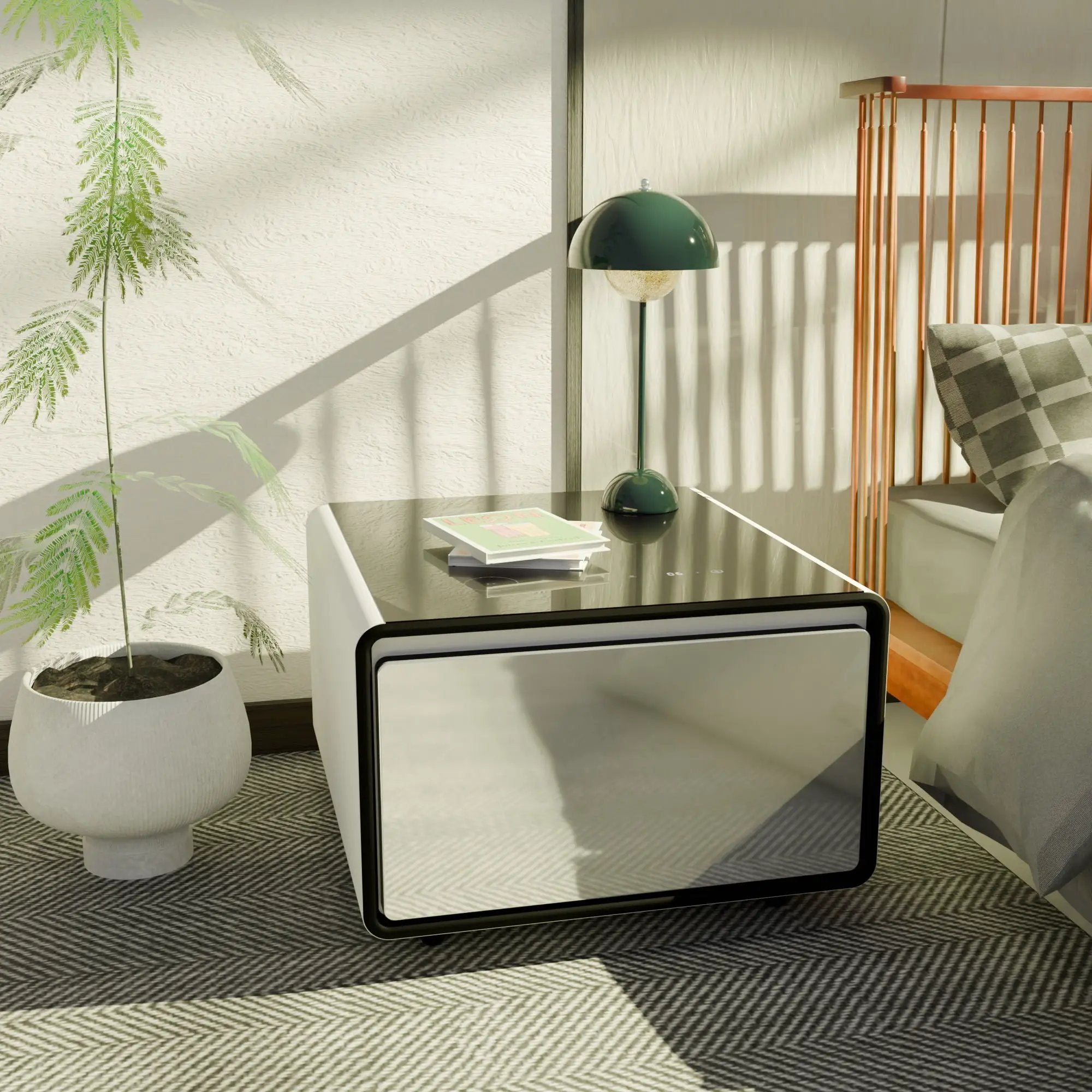 Modern Smart Side Table With Built-In Fridge, Wireless Charging, Temperature Control, Power Socket, USB Ports, Outlet Protection, Induction Light by Unique Piece Furniture