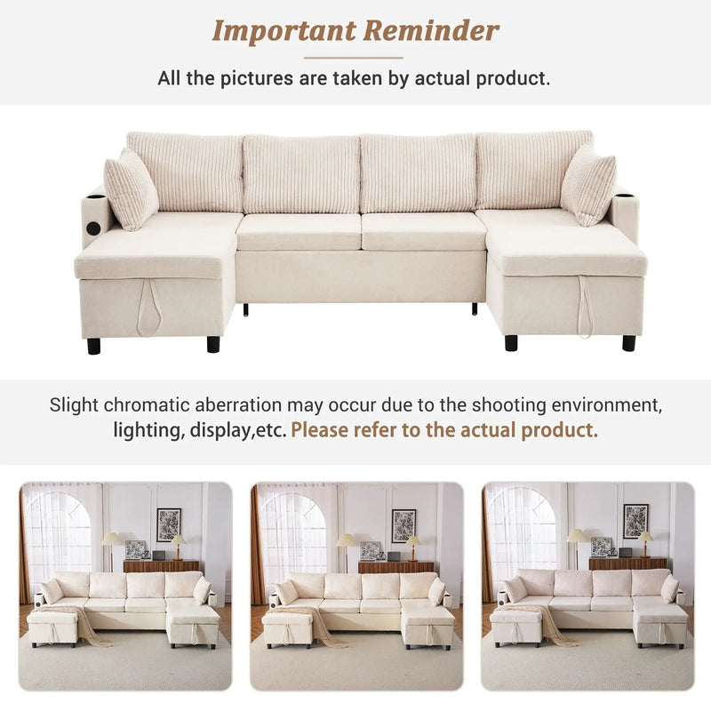 Sectional Sofa Bed With Pull Out Sleeper, USB Ports, Cup Holders by HouseOfZazla