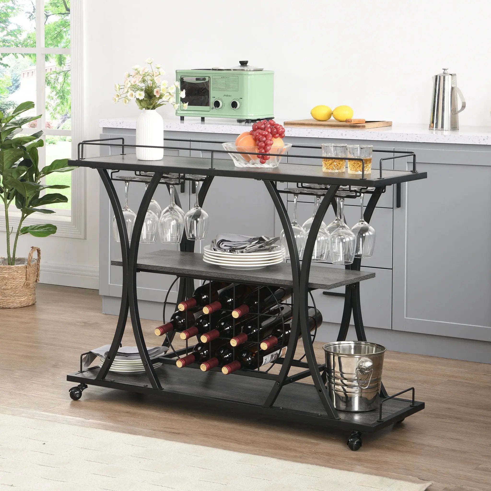 Industrial Bar Cart Kitchen Bar & Serving Cart For Home With Wheels 3 Tier Storage Shelves - Black / Gray by Unique Piece Furniture
