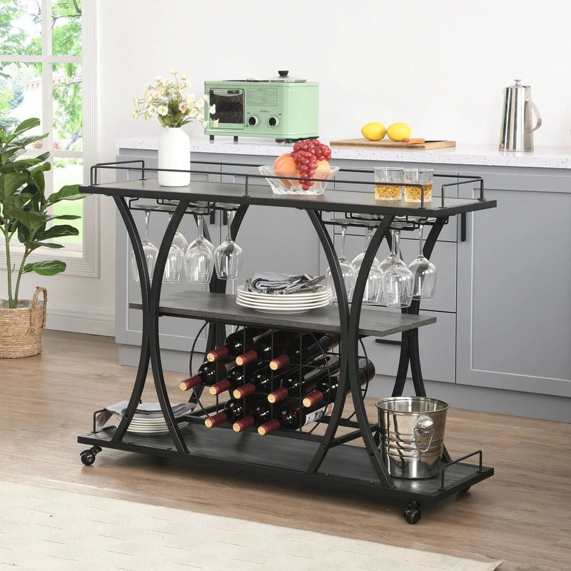 Industrial Bar Cart Kitchen Bar & Serving Cart For Home With Wheels 3 Tier Storage Shelves - Black / Gray by Unique Piece Furniture