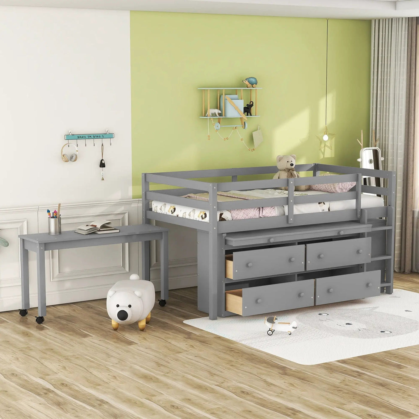 Loft Bed With Retractable Writing Desk And 4 Drawers, With Lateral Portable Desk And Shelves by Unique Piece Furniture