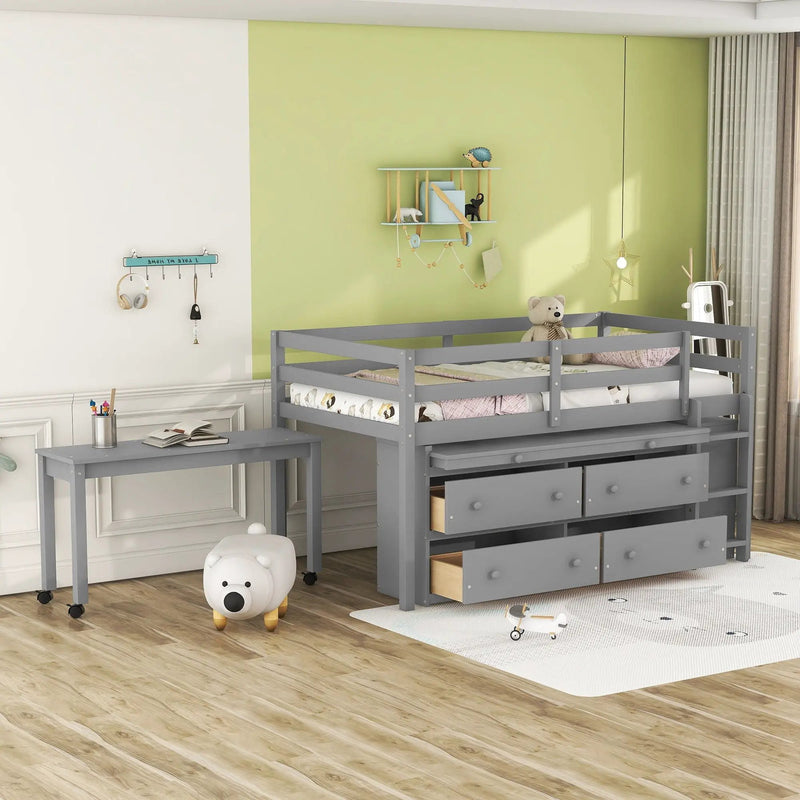 Loft Bed With Retractable Writing Desk And 4 Drawers, With Lateral Portable Desk And Shelves by Unique Piece Furniture