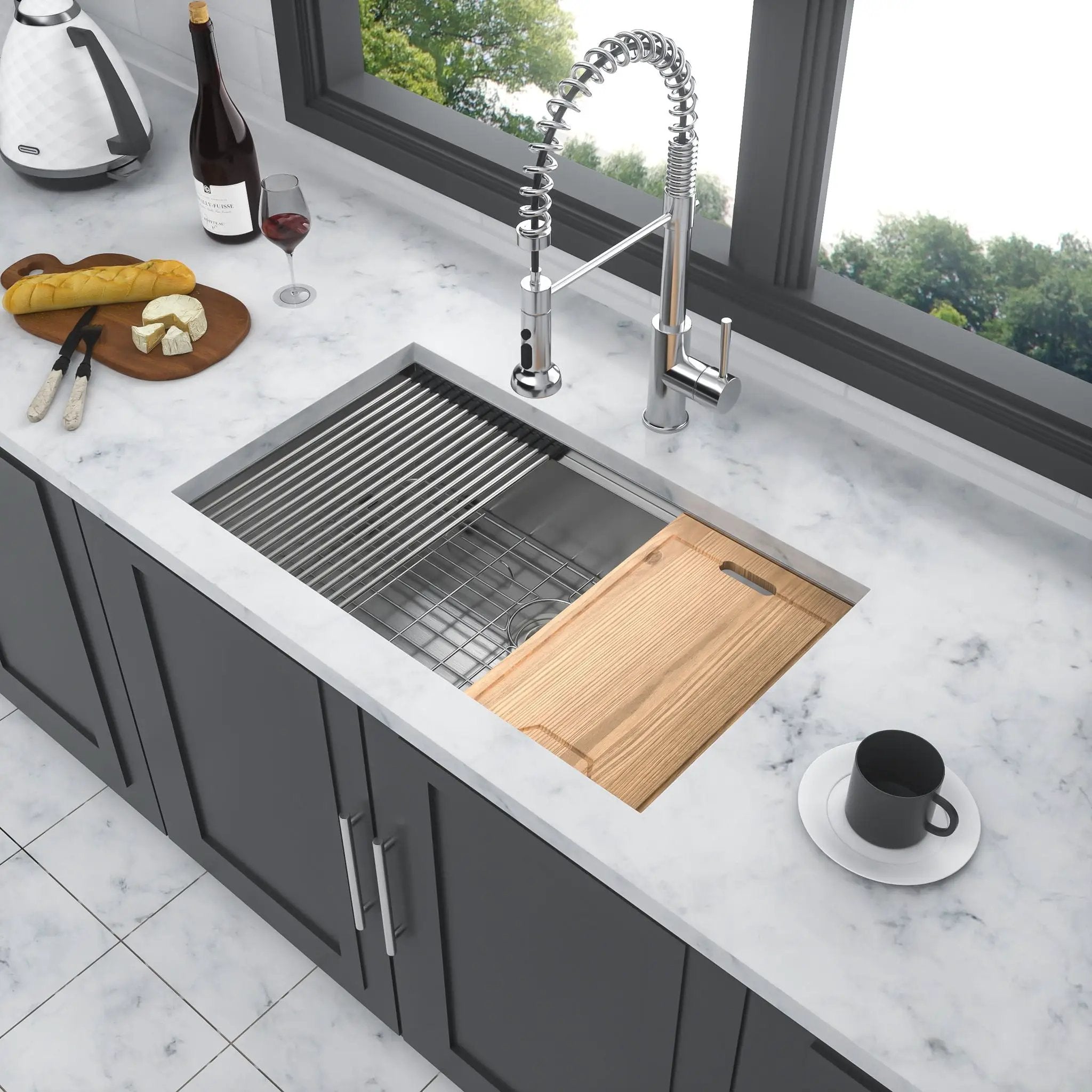 32" Undermount Kitchen Sink Brushed Nickel 16 Gauge Stainless Steel Single Bowl With Ledge Workstation, 32 X 19 X 9 Inch by HouseOfZazla
