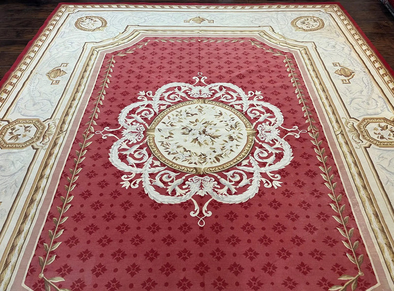 Aubusson Rug 9x12 ft, Red and Ivory Elegant Aubusson Carpet, Flatweave, Vintage Wool Handmade Area Rug 9 x 12, French European Design by Jewel Rugs
