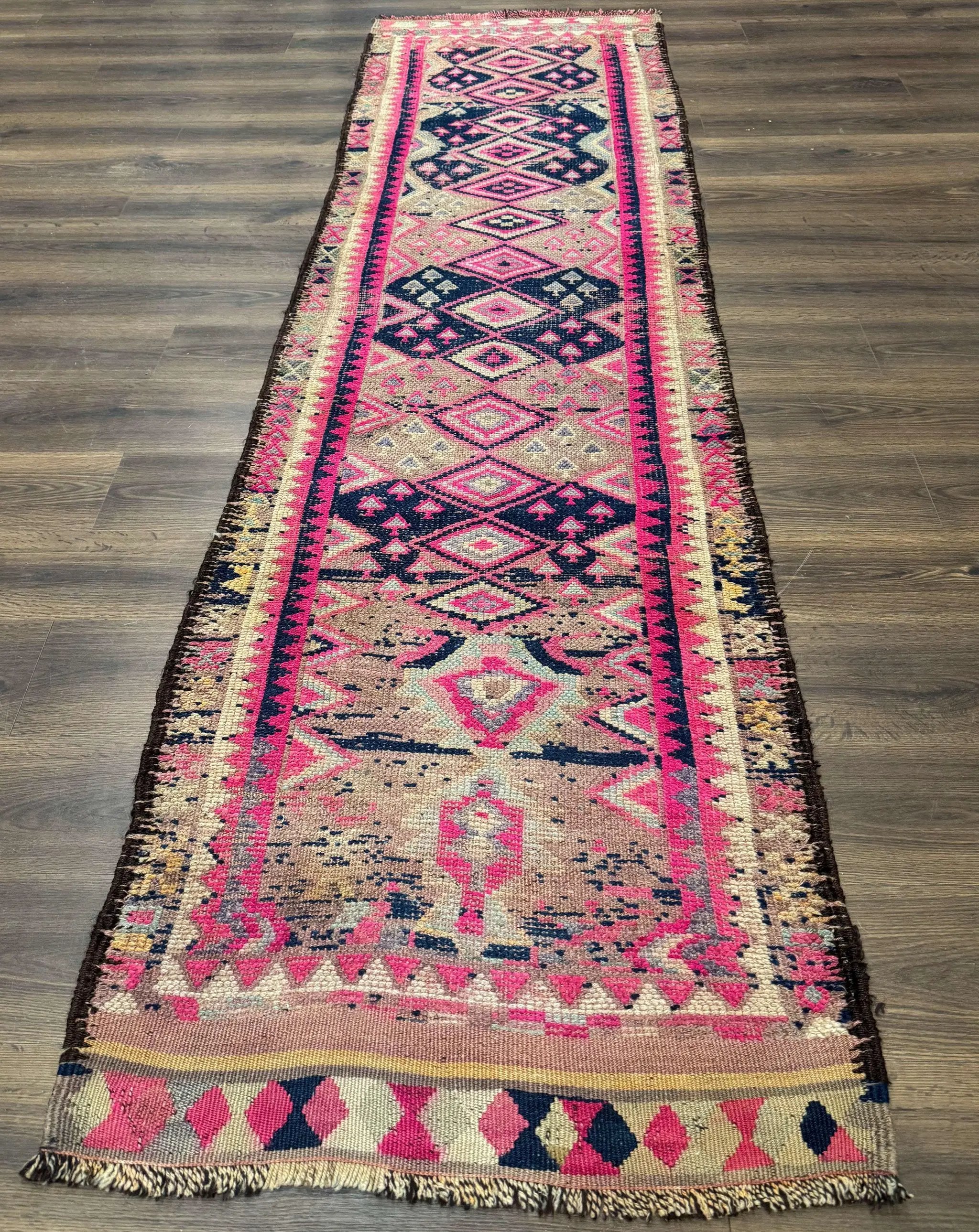 Turkish Runner Rug 3x10, Pink and Navy Blue, Bohemian Runner for Hallway or Kitchen, Vintage, Geometric, Tribal by Jewel Rugs