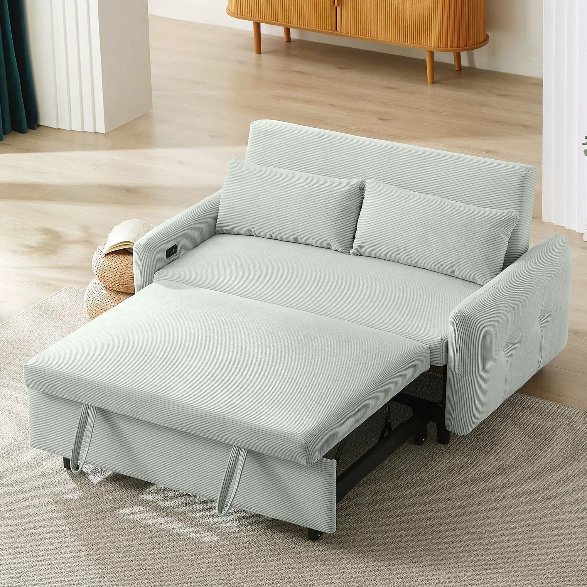 Pull-Out 2 Seat Modern Sleeper Sofa With 2 Throw Pillows And USB Ports by HouseOfZazla