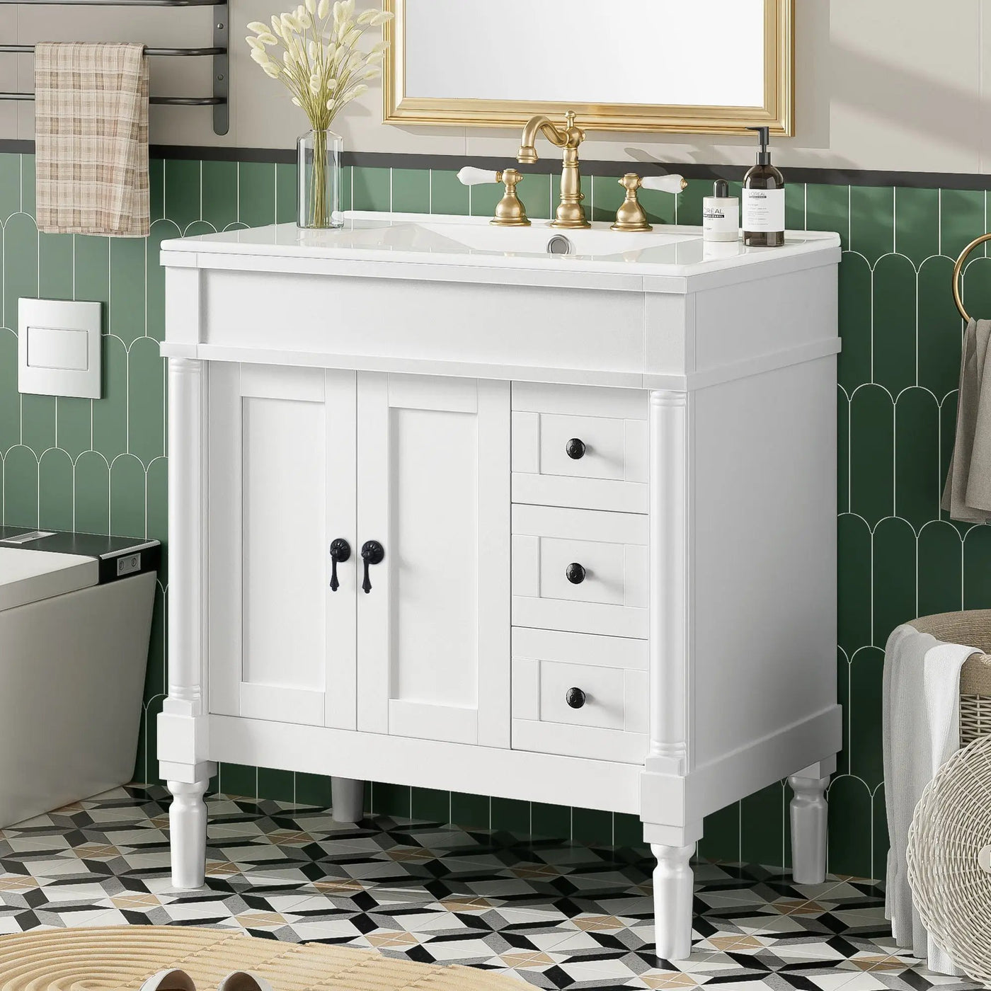 Bathroom Vanity With Ceramic Sink, 2 Doors 3 Drawers, Soft Close Design by Unique Piece Furniture