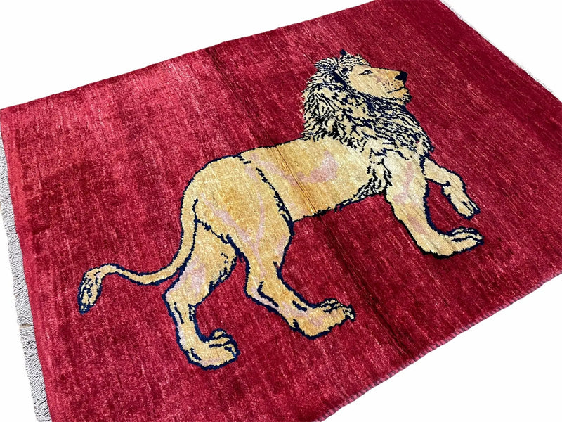 3 X 5 Handmade Hand-Knotted Quality Wool Rug New Vintage Lion Red Pictorial by Jewel Rugs