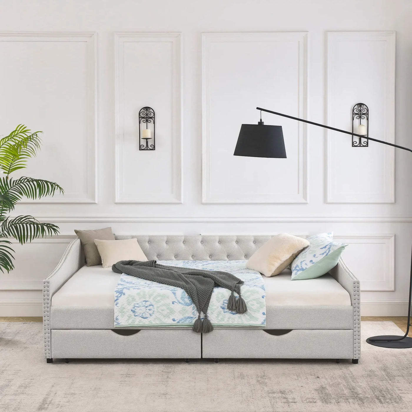 Upholstered Tufted Daybed With Drawers, Waved Arms by Unique Piece Furniture