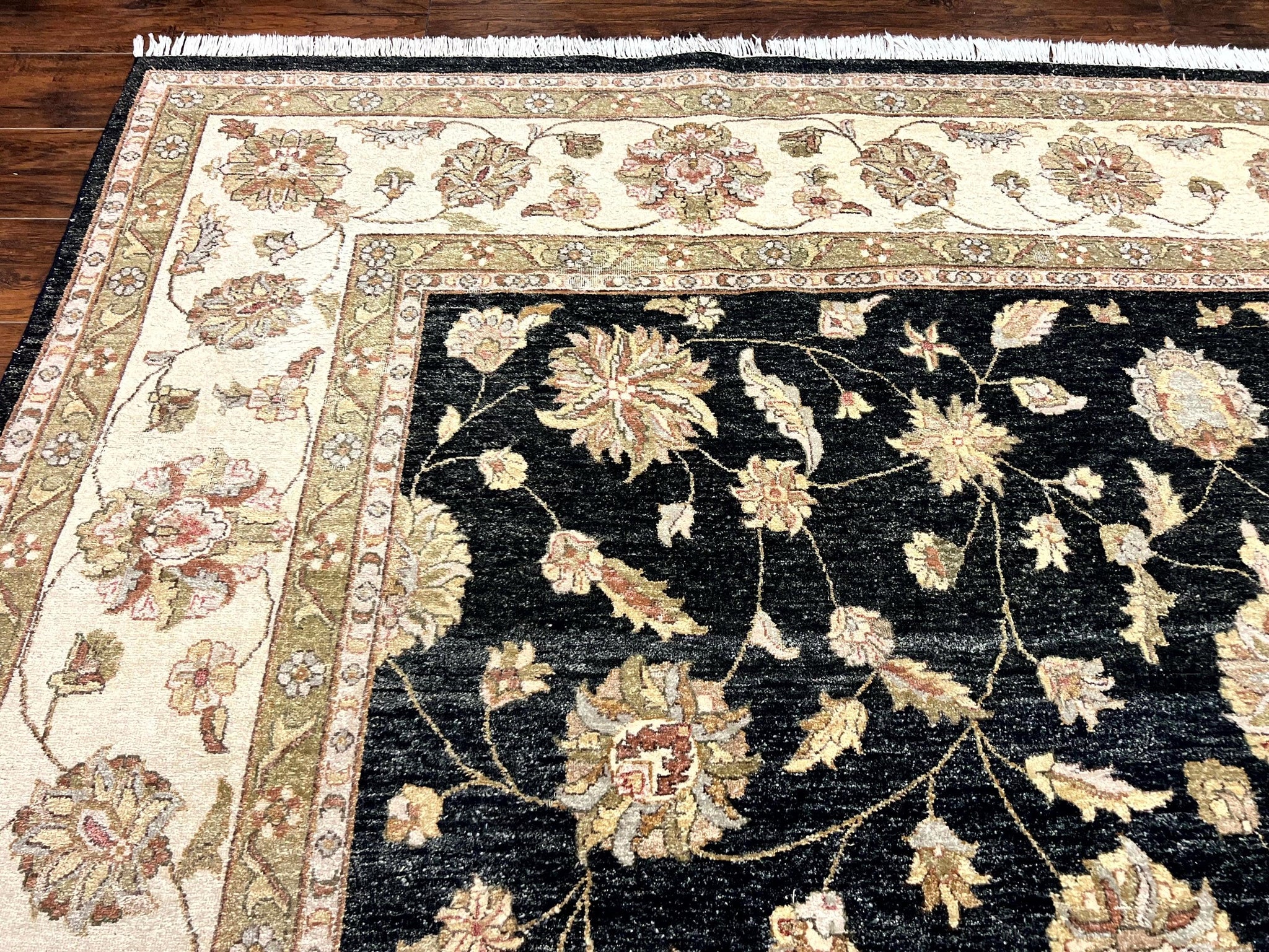 Indo Persian Rug 10x14, Charcoal and Beige, Floral Allover, Handmade Vintage Wool Carpet by Jewel Rugs
