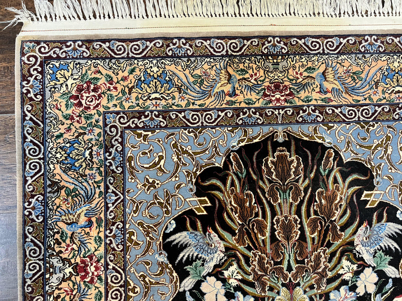 Wonderful Persian Isfahan Rug 3.7 x 5, Kork Wool on Silk Foundation, Very Fine 460 KPSI, Tree of Life Persian Vase Design Animal Pictorials Peacocks by Jewel Rugs
