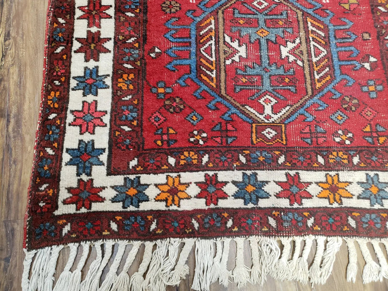 Antique Persian Heriz Karajeh Runner Rug 3x11, Hand-Knotted Red Geometric Medallions by Jewel Rugs