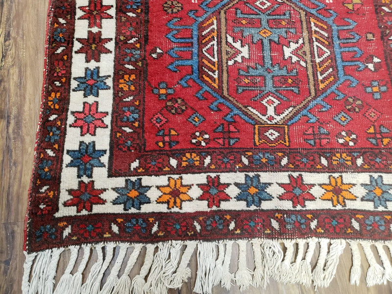 Antique Persian Heriz Karajeh Runner Rug 3x11, Hand-Knotted Red Geometric Medallions by Jewel Rugs