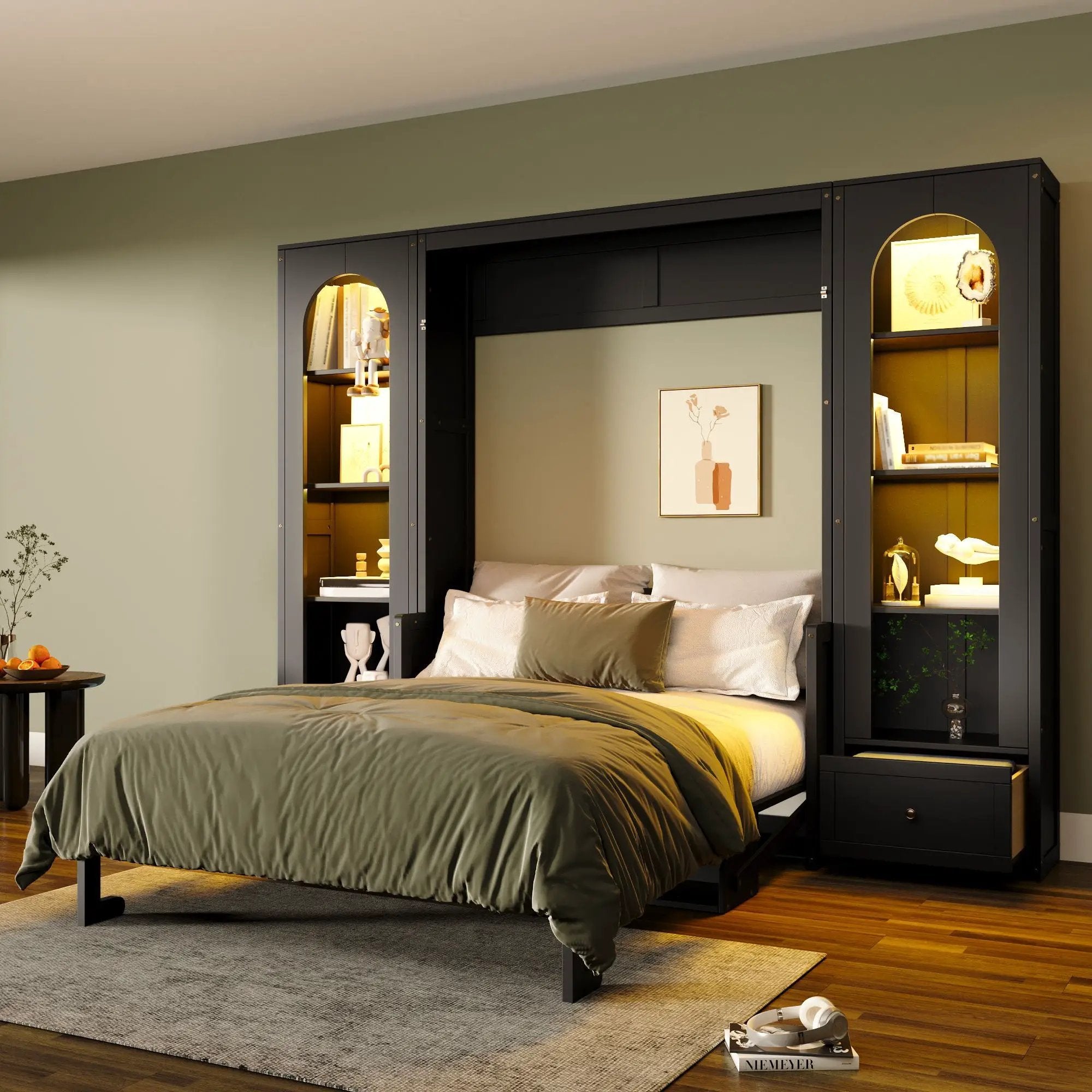 French Style Murphy Platform Bed With Shelf, Side Cabinets, Drawers And LED by Unique Piece Furniture