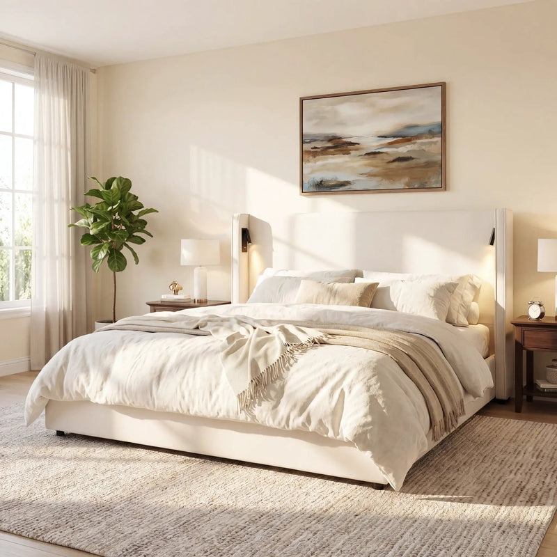 California King Size Upholstered Bed Frame with High Wingback Headboard, Reading Lamp and USB Port by HouseOfZazla