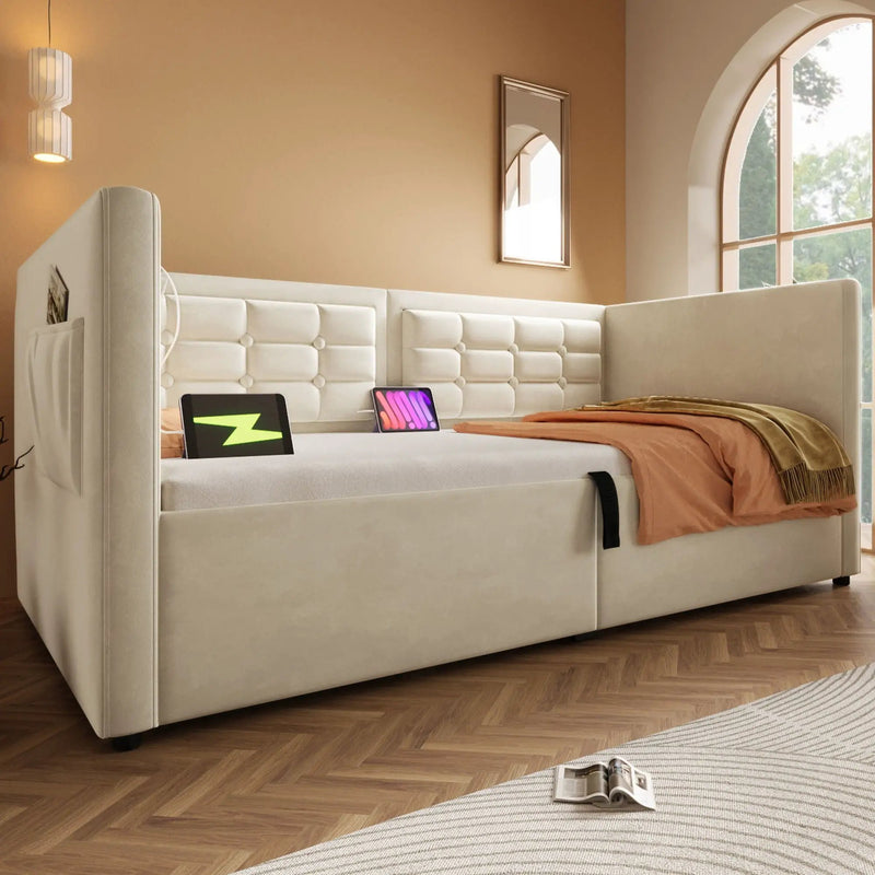 Upholstered Hydraulic Storage Daybed With USB & Type C Charging by HouseOfZazla
