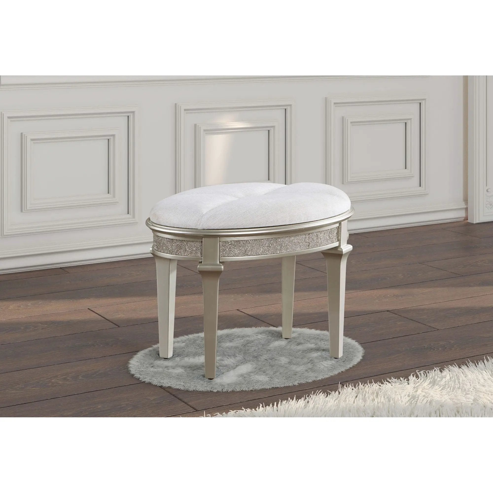 Colwood - Upholstered Oval Vanity Stool With Glitter Trim Seat - Silver Gray by HouseOfZazla