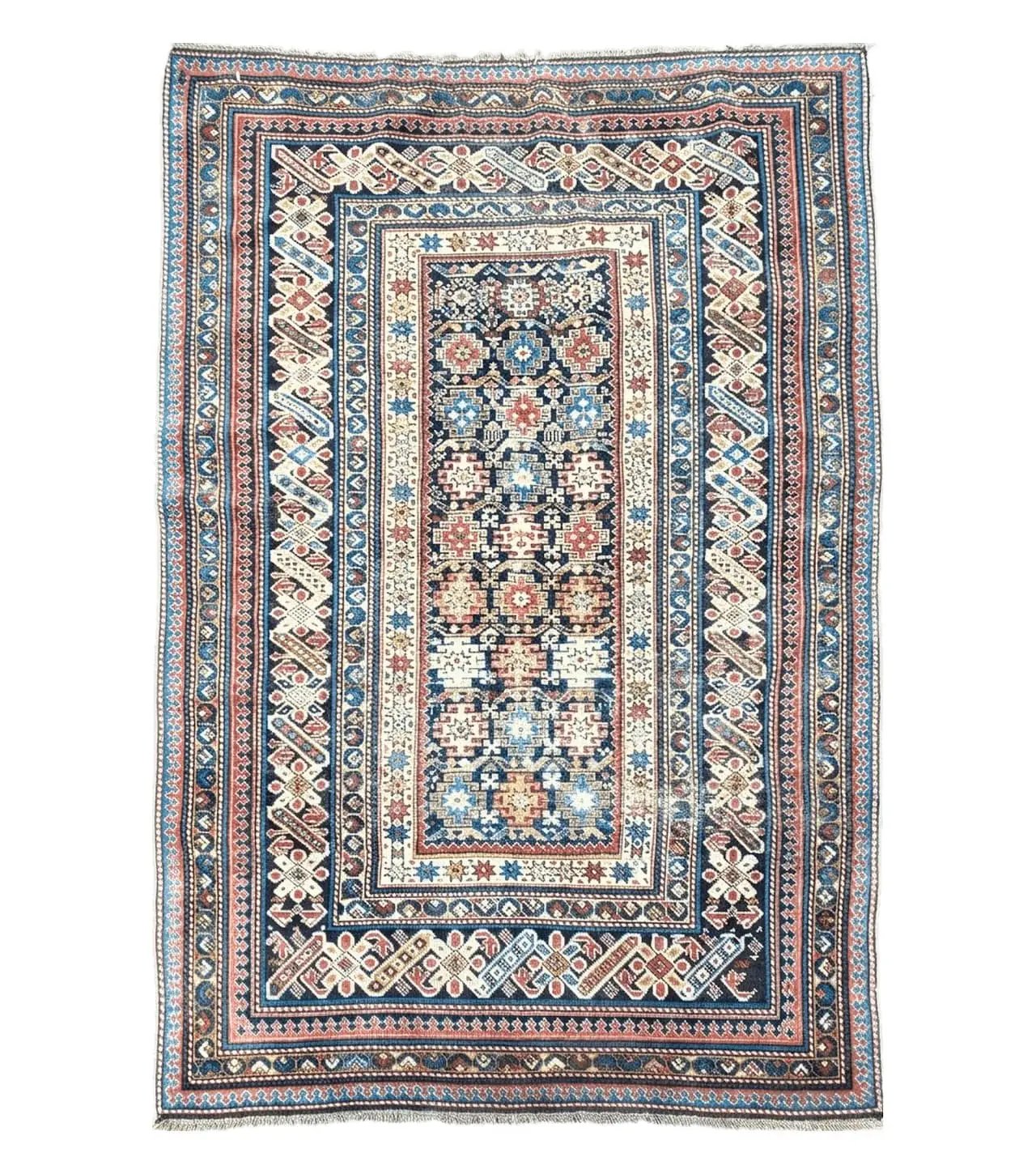 Caucasian Rug 3'9" x 5'7", Antique 1920s Collectible Caucasian Chi Chi Carpet, Hand Knotted, Colorful, Dark Blue Cream Red, Wool, Small Rug by Jewel Rugs