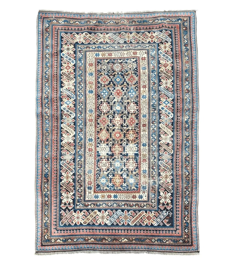 Caucasian Rug 3'9" x 5'7", Antique 1920s Collectible Caucasian Chi Chi Carpet, Hand Knotted, Colorful, Dark Blue Cream Red, Wool, Small Rug by Jewel Rugs