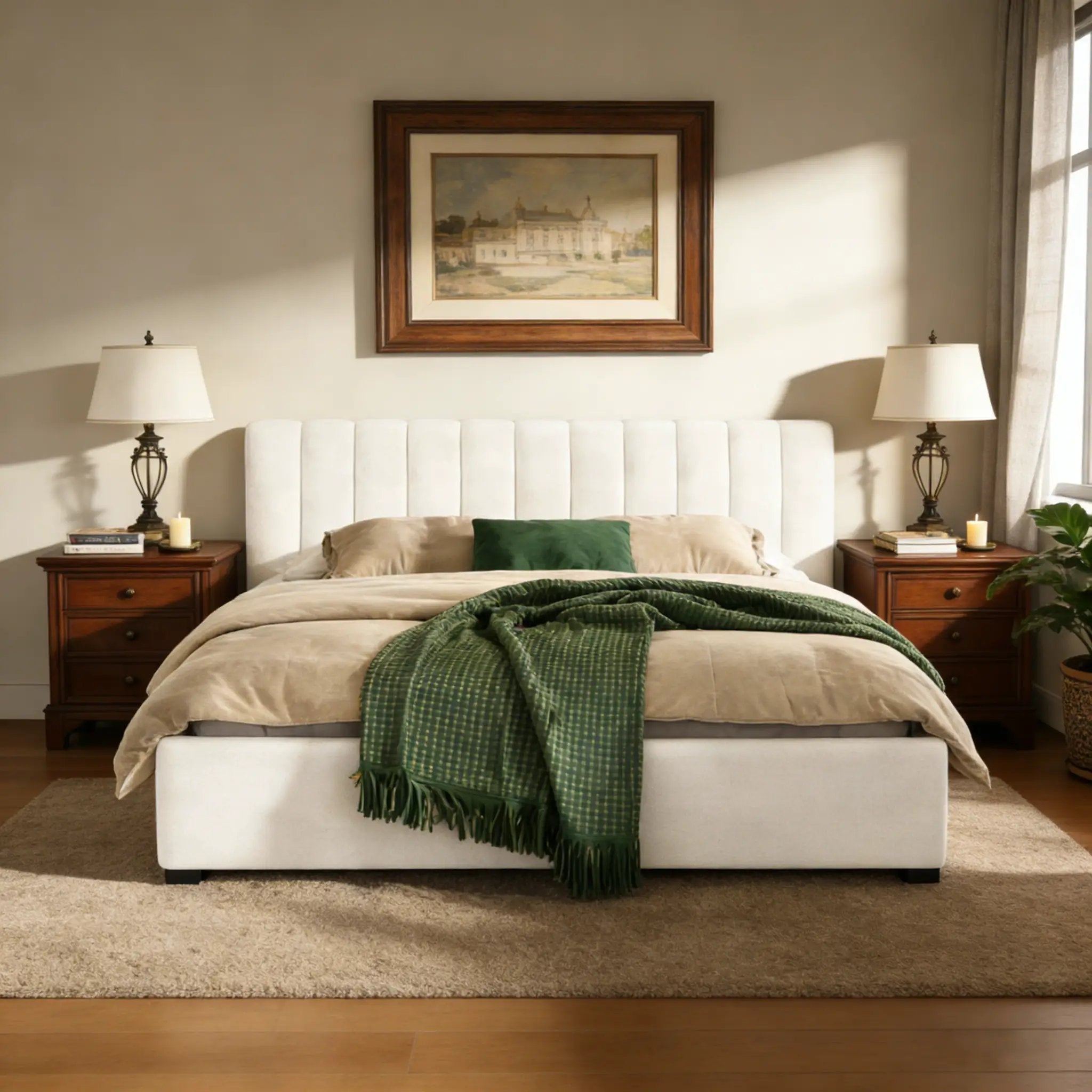 King Size Upholstered Bed Frame with Linen Blend Fabric by HouseOfZazla