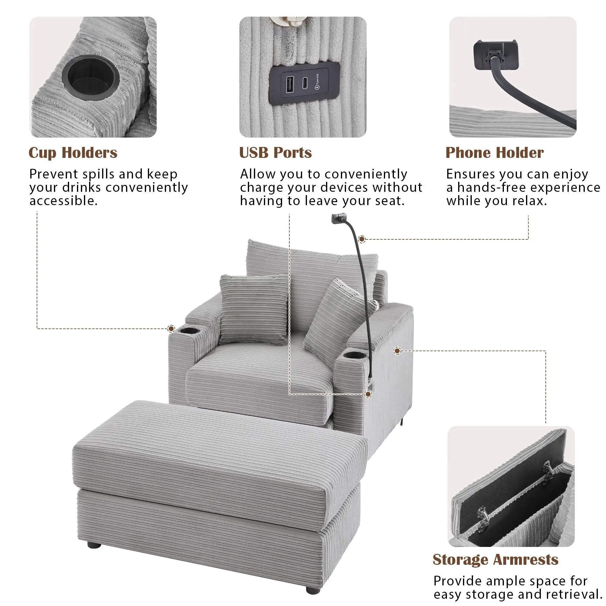 Modern Style Loveseat Sofa Sectional Sofa Couch With Storage Space, A Movable Ottoman, Two USB Ports, Two Cup Holders, A Phone Holder For Living Room by HouseOfZazla