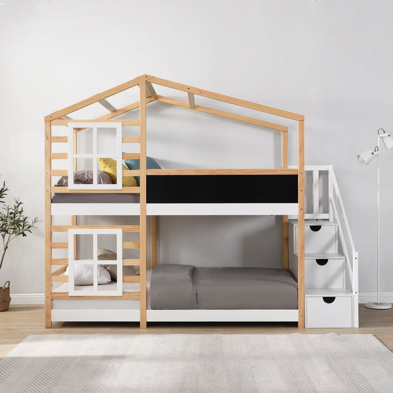 Twin Over Twin Bunk Bed House Bed With Roof and Storage, photo 3 of 6