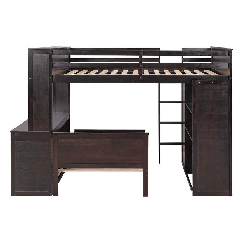 Loft Bed With A Twin Size Standalone Bed, Shelves, Desk, And Wardrobe