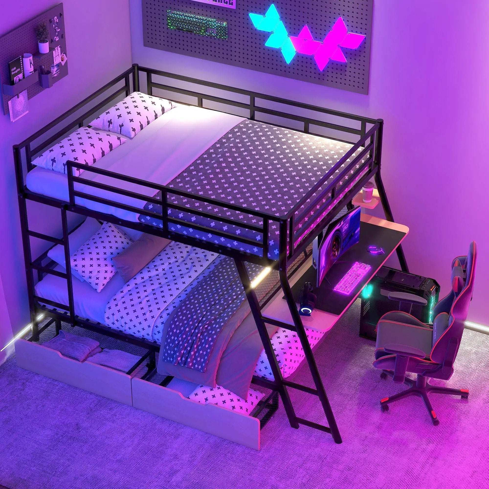 Full Size Bunk Bed With Built In Desk, Light, And 2 Drawers - Black by Unique Piece Furniture