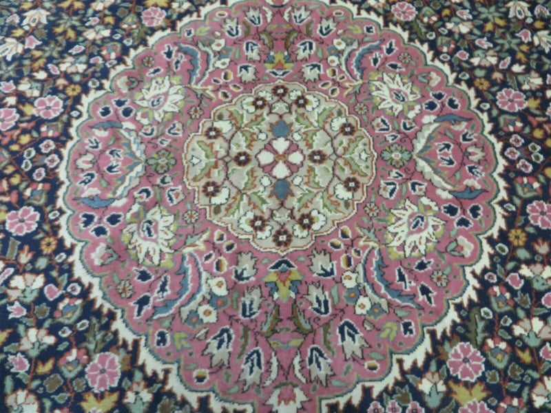 Turkish Sivas Rug 7x11, Navy Blue & Pink, Millifluer Floral Wool Carpet, Vintage by Jewel Rugs
