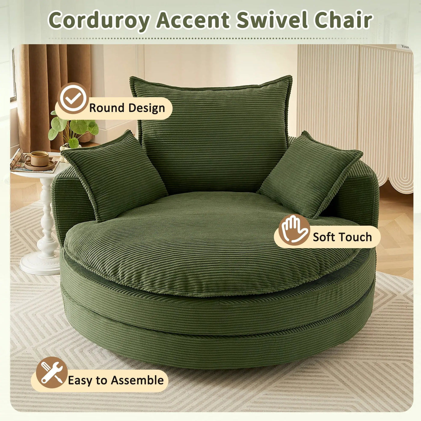 360° Swivel Accent Barrel Chair With Dual Layer Cushion And 3 Removable Pillows by Unique Piece Furniture