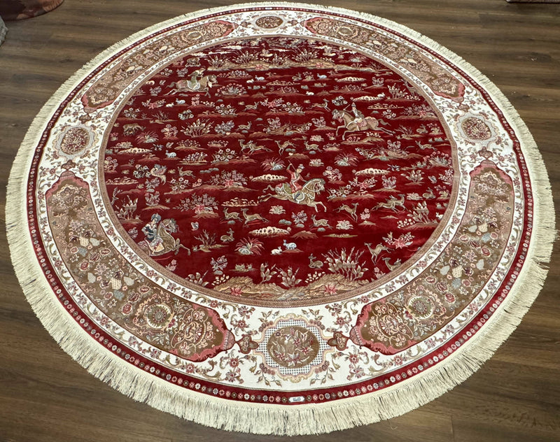 Large Round Turkish Silk Rug 8x8, Hunting Design, Dark Red & Ivory, Bamboo Silk by Jewel Rugs