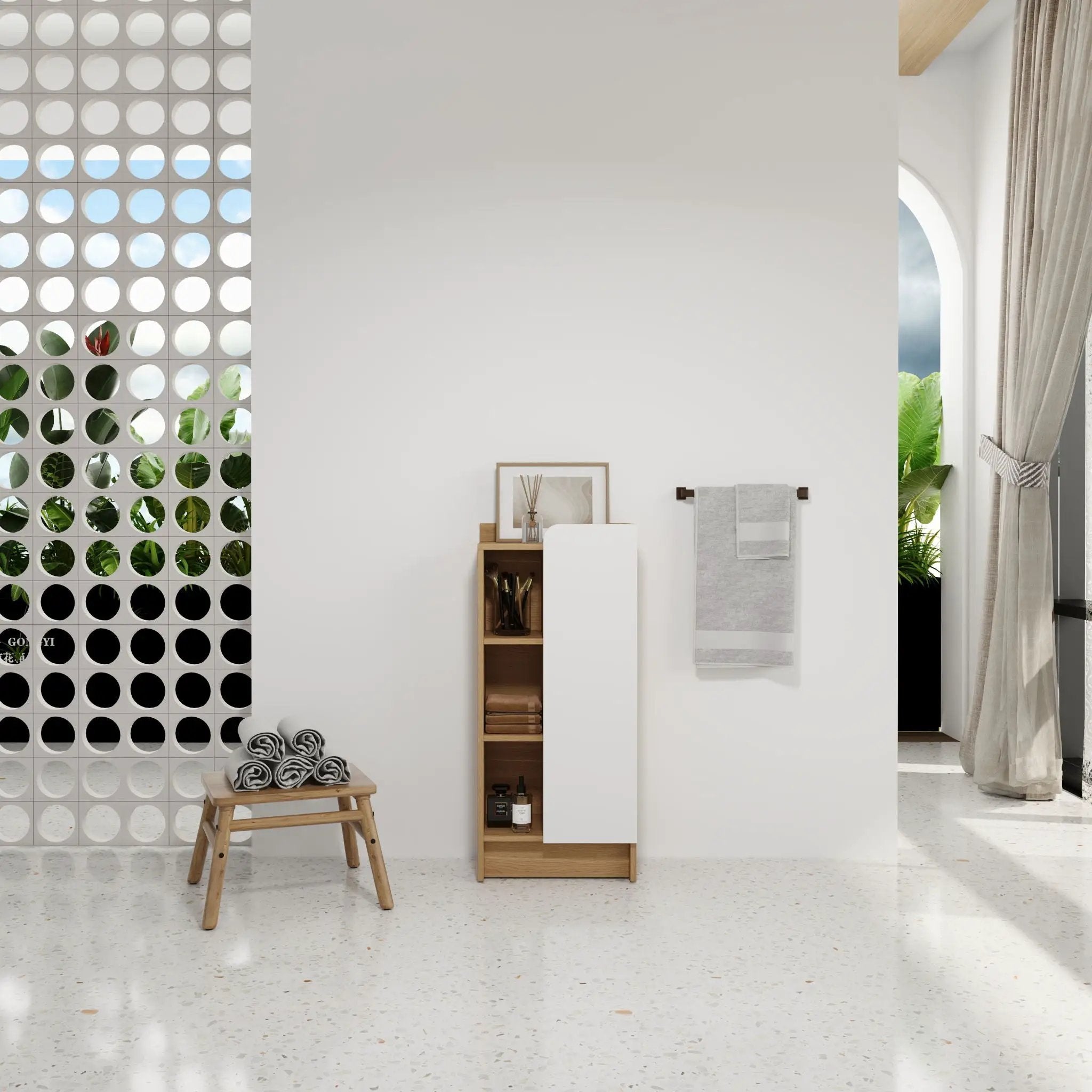 Freestanding Bathroom Side Cabinet, Narrow Storage Cabinet With Single Door & 3 Tier Open Shelves - Black / Light Oak / White by Unique Piece Furniture