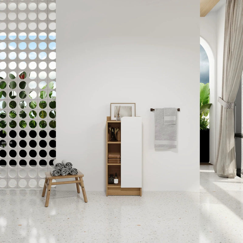 Freestanding Bathroom Side Cabinet, Narrow Storage Cabinet With Single Door & 3 Tier Open Shelves - Black / Light Oak / White by HouseOfZazla