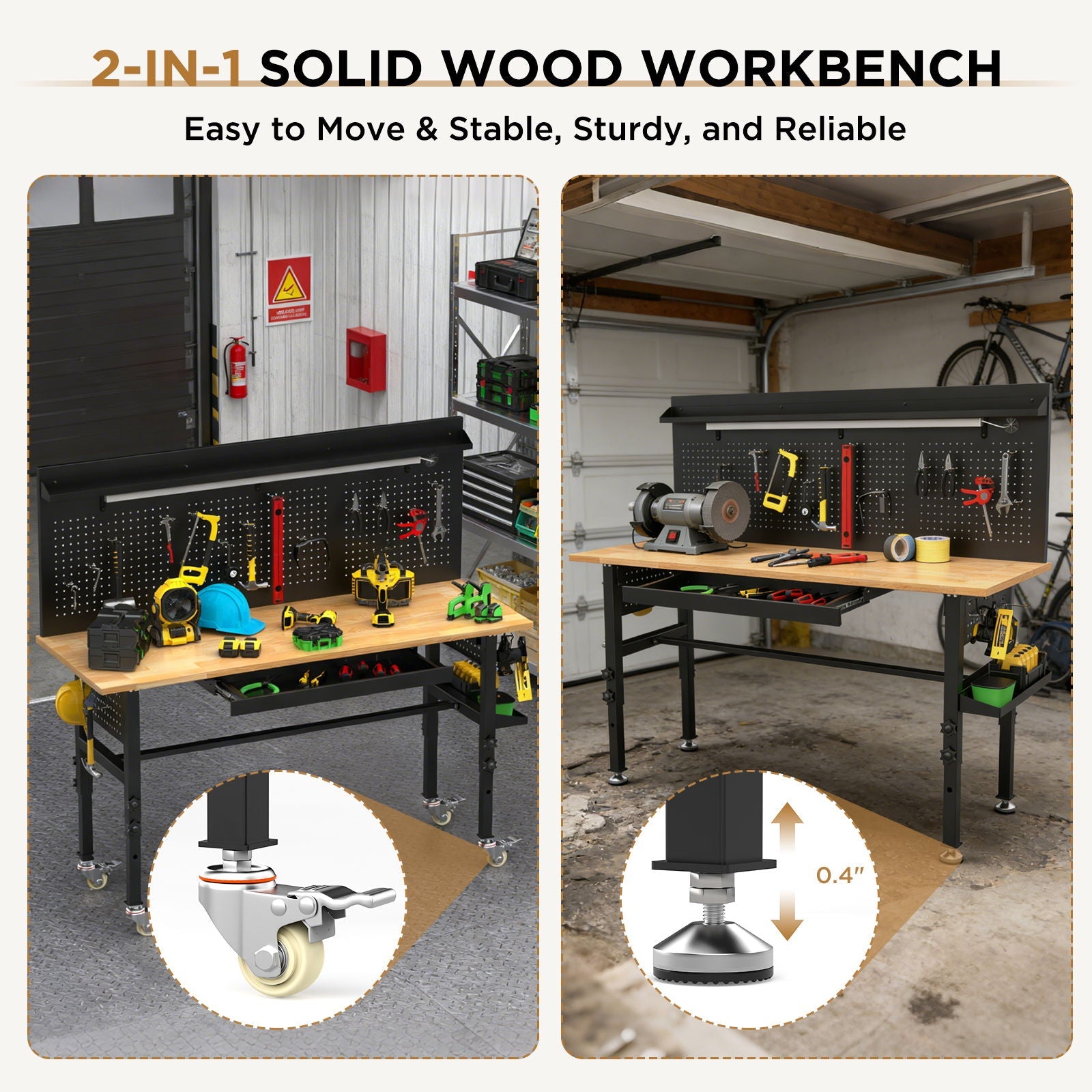 Adjustable Height Workbench, Includes Drawers, Power Outlet, LED Light, Wheels Or Leveling Feet - Black by HouseOfZazla