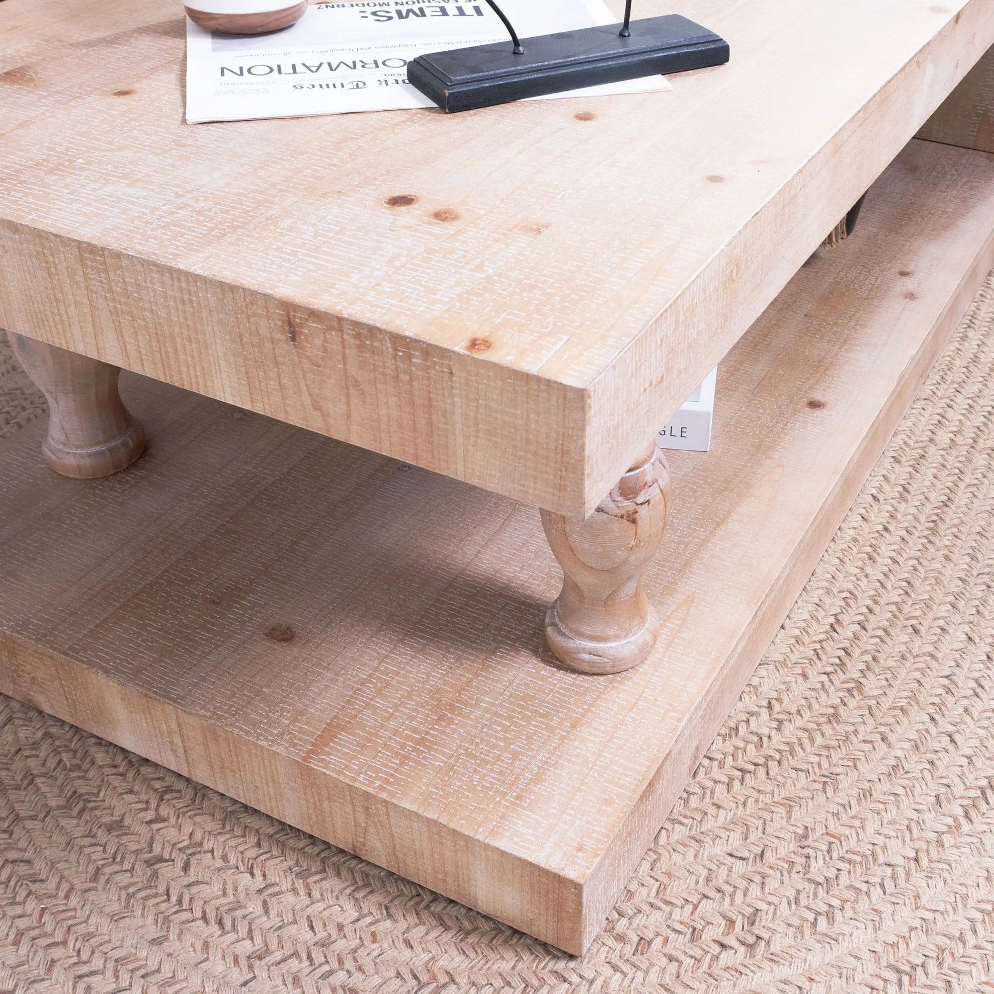 Rustic Solid Wood Coffee Table With Open Shelf, Modern Farmhouse Design - Light Natural / Natural by Unique Piece Furniture