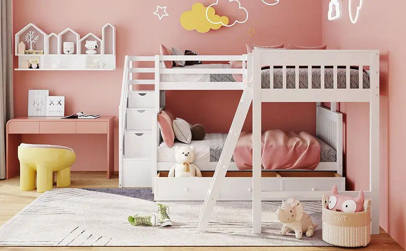 Solid L Shaped Bunk Bed With 3 Drawers, Ladder And Staircase