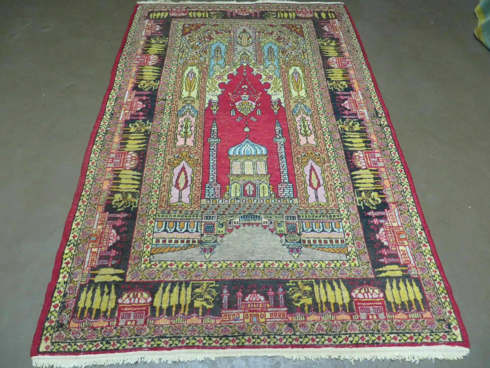 4' X 6' Antique 1920s Handmade Turkish Mehrab Design Wool Rug Lantern Beautiful by Jewel Rugs