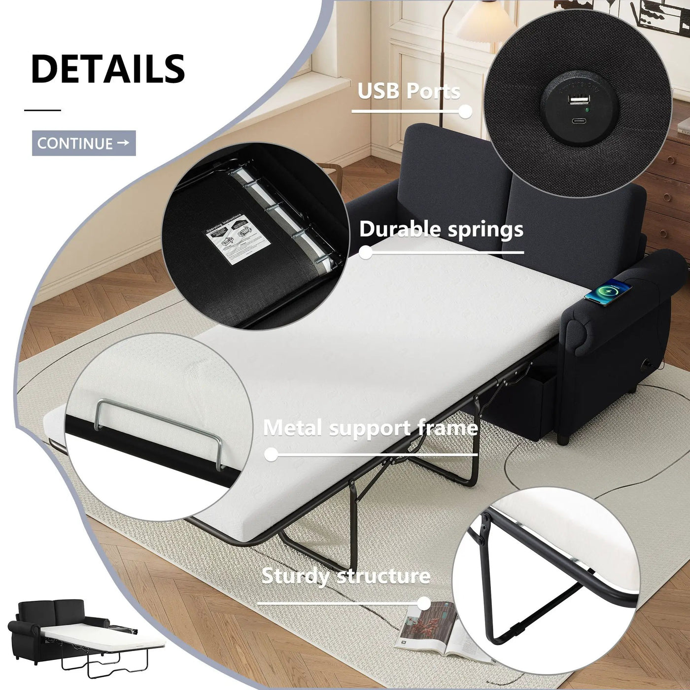 Pull Out Sofa Bed Loveseat Sleeper With Twin Size Memory Mattress With Two USB Ports For Living Room Spaces by HouseOfZazla