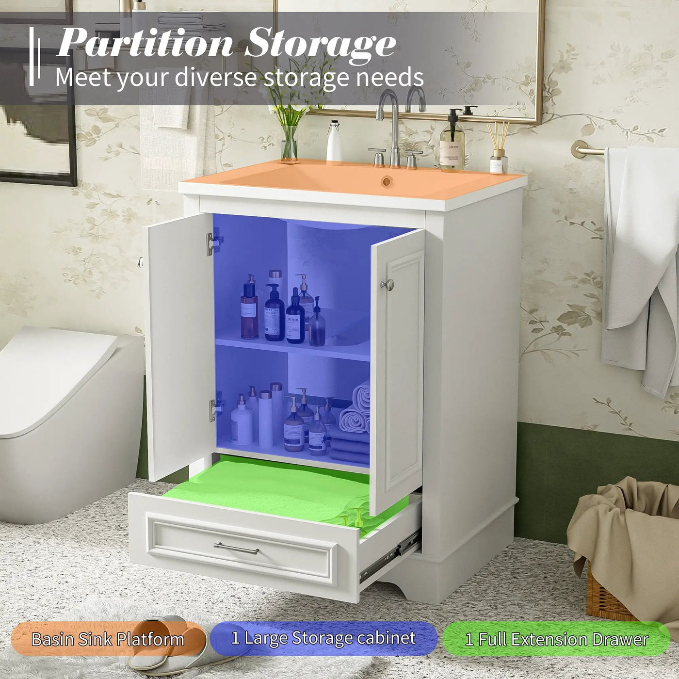 Bathroom Vanity With Ceramic Sink Combo, Modern Freestanding Storage Cabinet With Silver Handles by Unique Piece Furniture