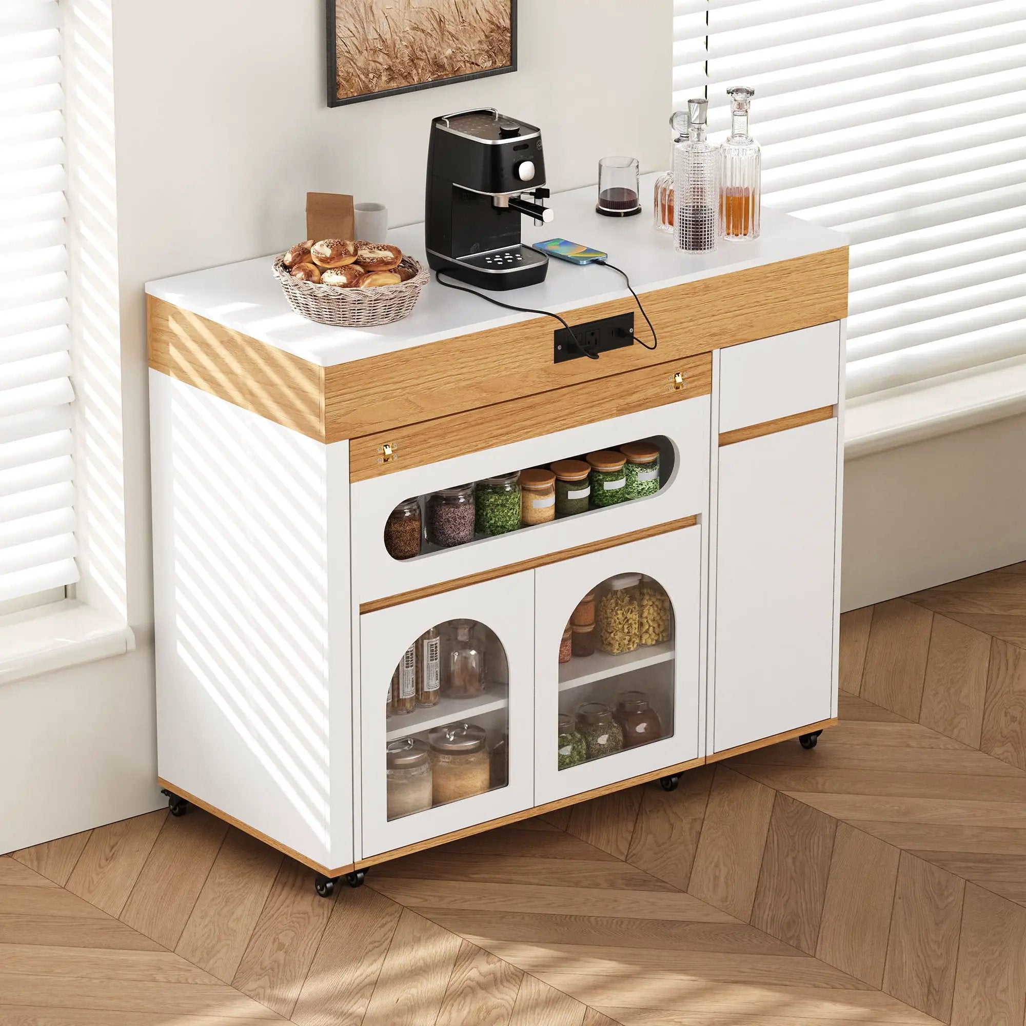 Extendable Dining Table With Folding Top, Rolling Kitchen Island With Drawers And Power Outlet by Unique Piece Furniture