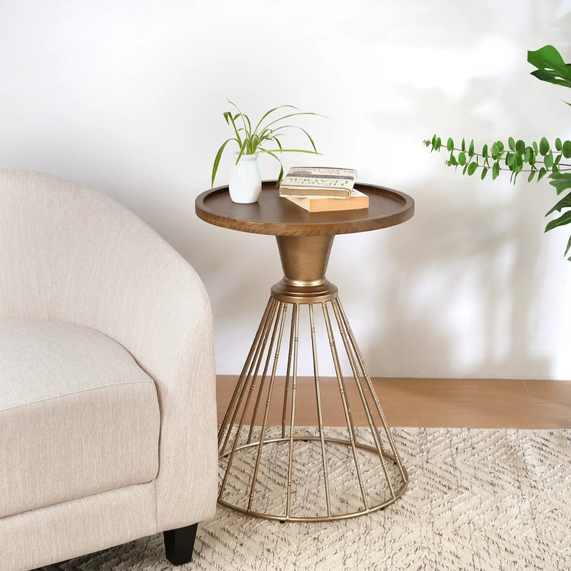 Hollow Edge Retro Art Pine Side Table with Antique Gold and Natural Color by HouseOfZazla