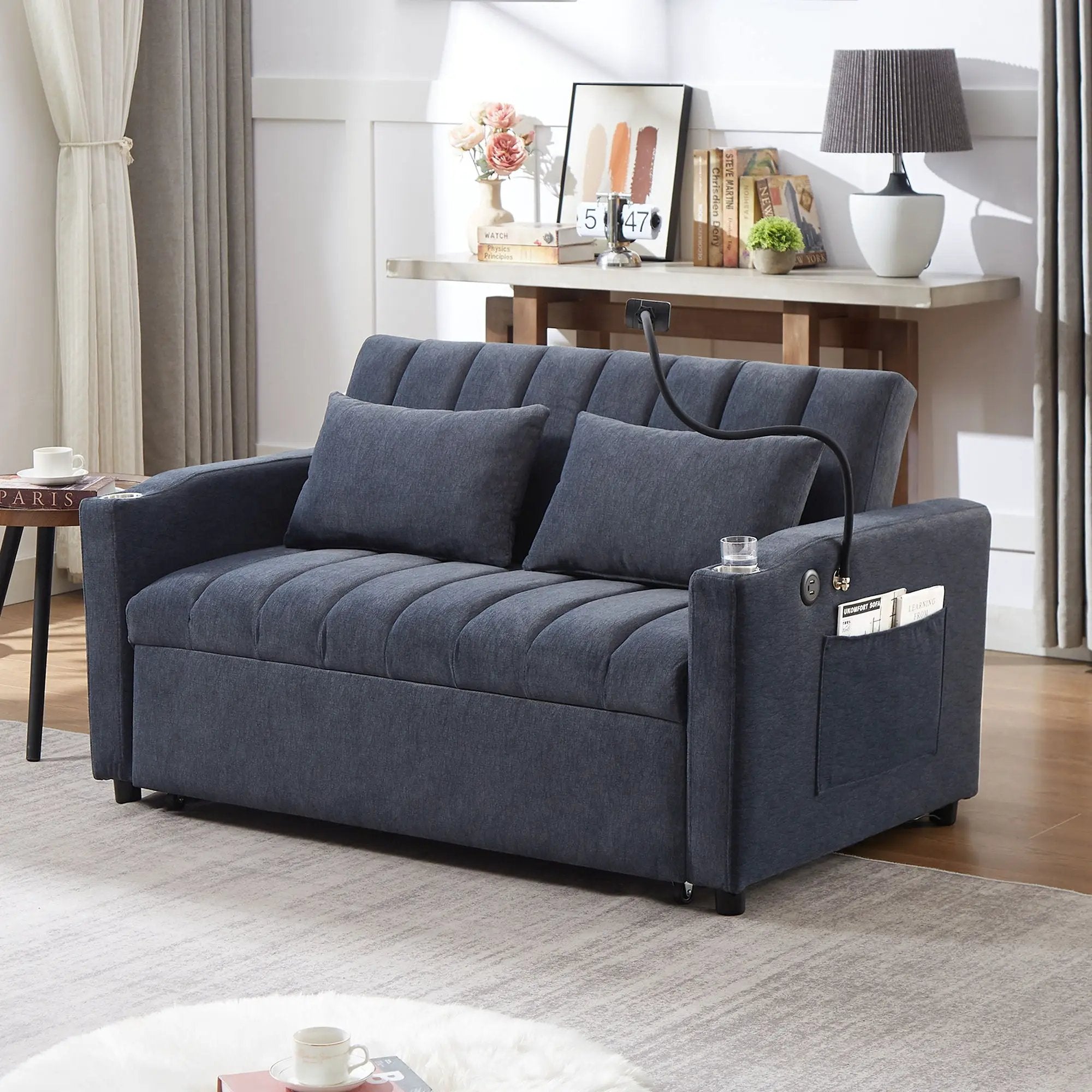 Convertible Sofa Bed Loveseat Sofa With Three USB Ports, Two Side Pockets, Two Cup Holders And 360° swivel Phone Holder For Living Room by Unique Piece Furniture
