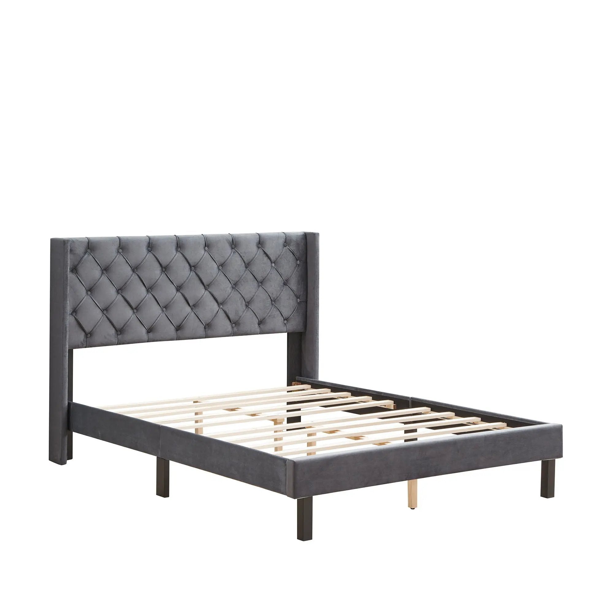 Queen Platform Tufted Upholstered Bed With Wings Design, Strong Wood Slat Support - Gray by HouseOfZazla